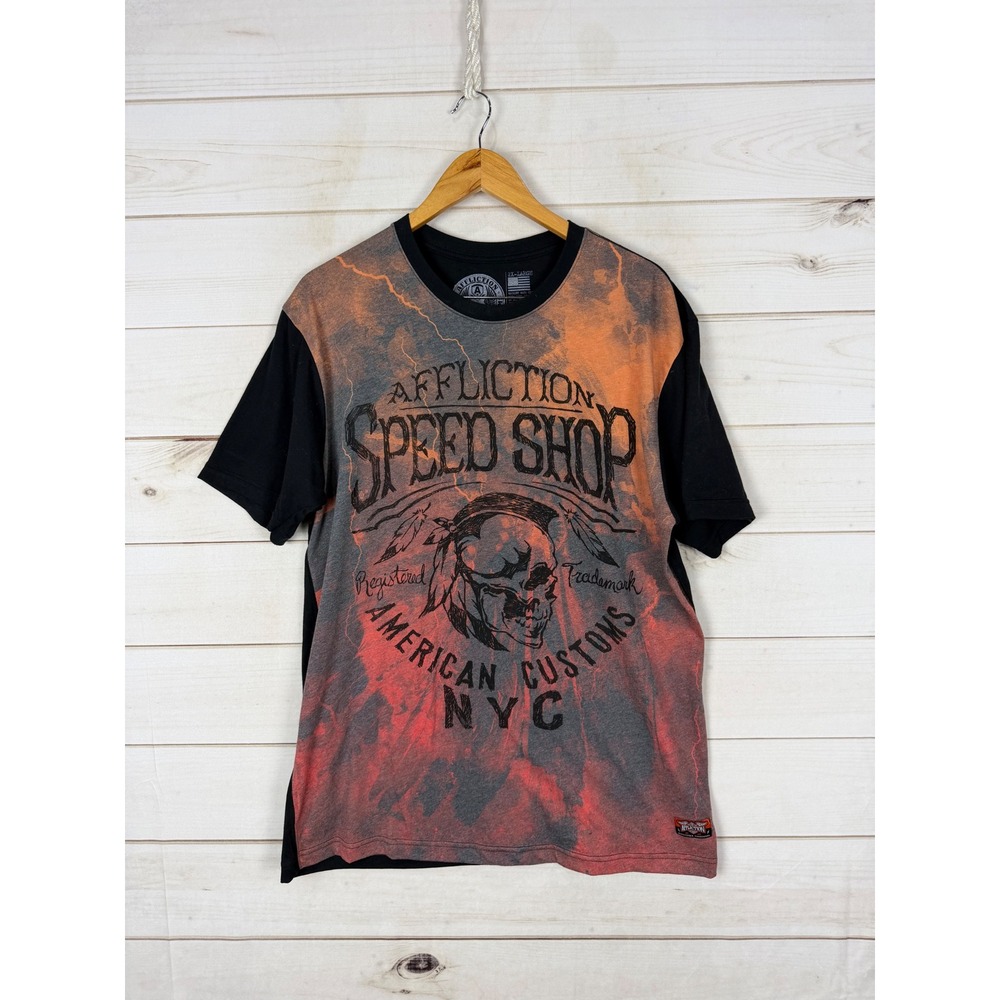 Affliction Tee Mens 2XL Black Orange Speed Shop American Customs Graphic Skull